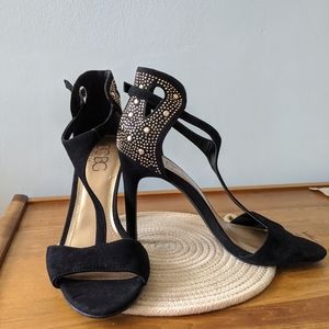 BCBG t-strap embellished suede heels